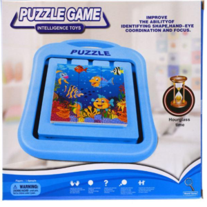 Puzzle-kirakó, mesekocka szerű, homokórával. 21x21 cm műanyag dobozban