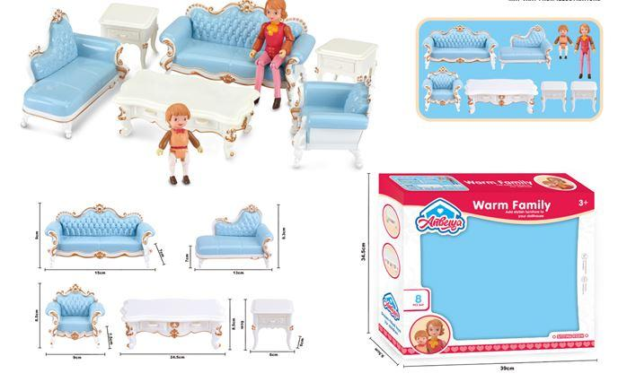 Bababútor készlet, klasszikus nappali bútorok 2 babával. A doboz mérete: 39x35 cm