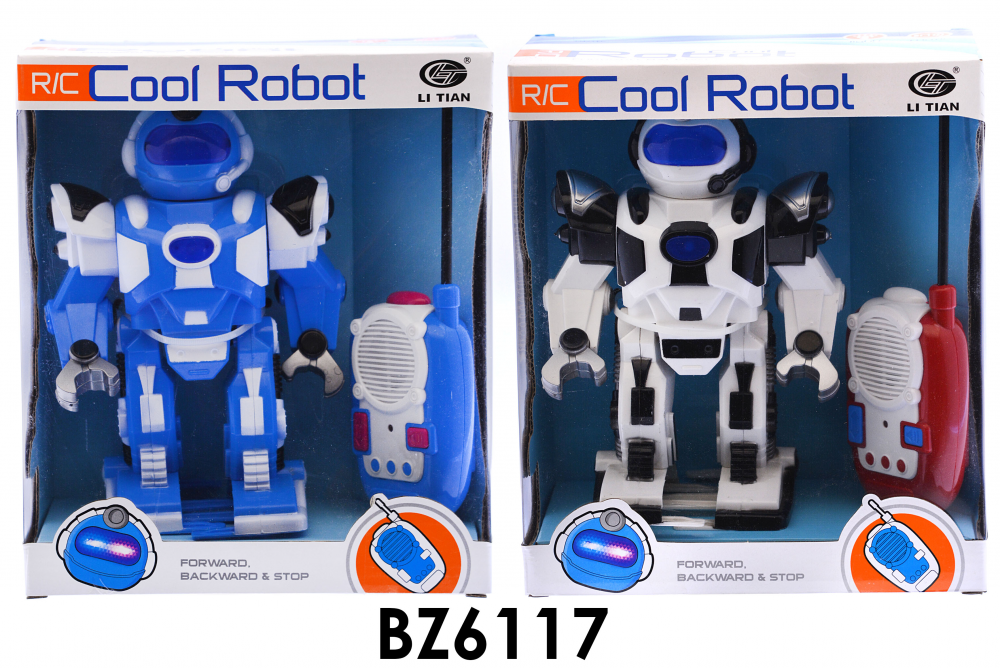 R/C robot, távirányítós(2 csatornás). Zenél és világít. Elemmel működik. 2 színben: fekete-fehér vagy kék-fehér. A doboz mérete: 22x26 cm