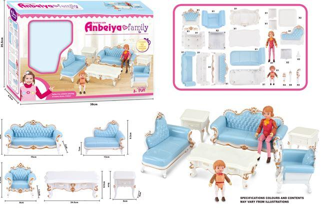 Bababútor készlet, klasszikus nappali bútorok 2 babával. A doboz mérete: 38x26 cm