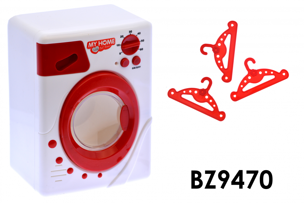 Játék mosógép, belül forog,  hangot ad és világít. Piros-fehér színben, nyitható ajtóval. A doboz mérete: 19x22 cm
