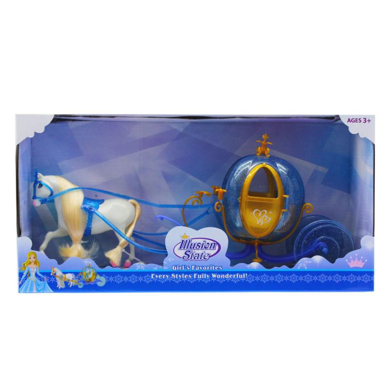 Tökhintó babához, kék hintó fehér lóval. A doboz mérete: 45x22 cm
