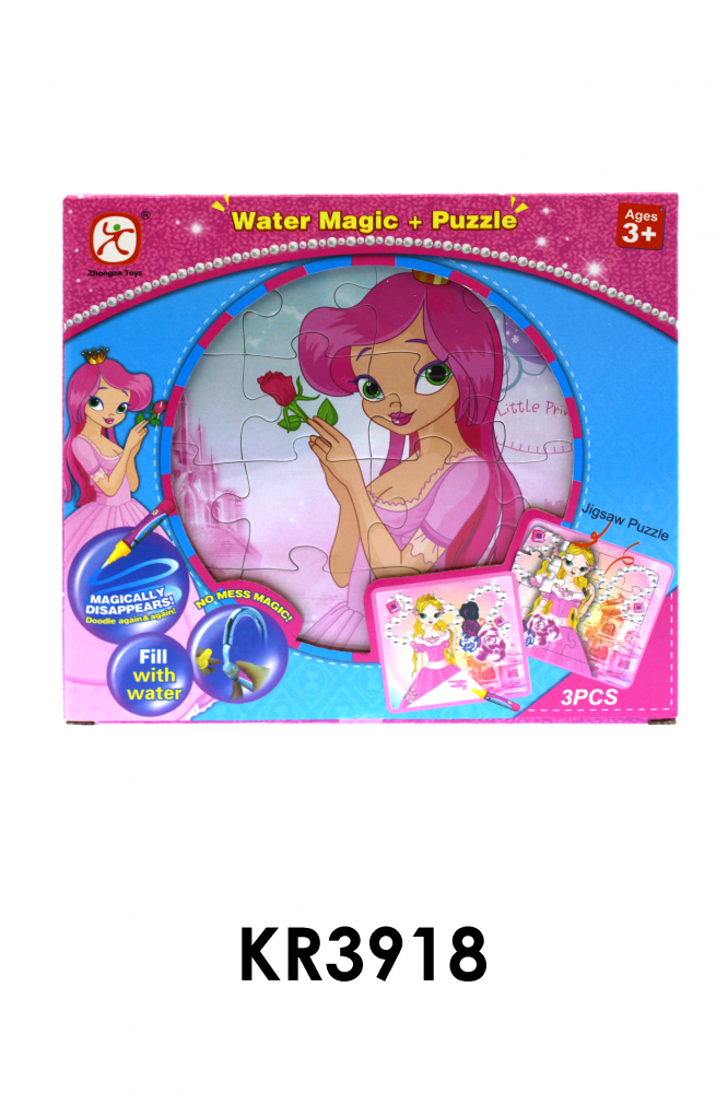 Vízzel rajzolós puzzle készlet ,két féle, 3 lap a készletben, vízzel színezős ,hercegnős, 22x19 cm dobozos